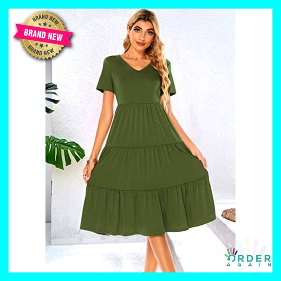 Tiered Midi Dress Loose Fit V-Neck Cotton Boho Summer Casual Sundress - Picture 7 of 7